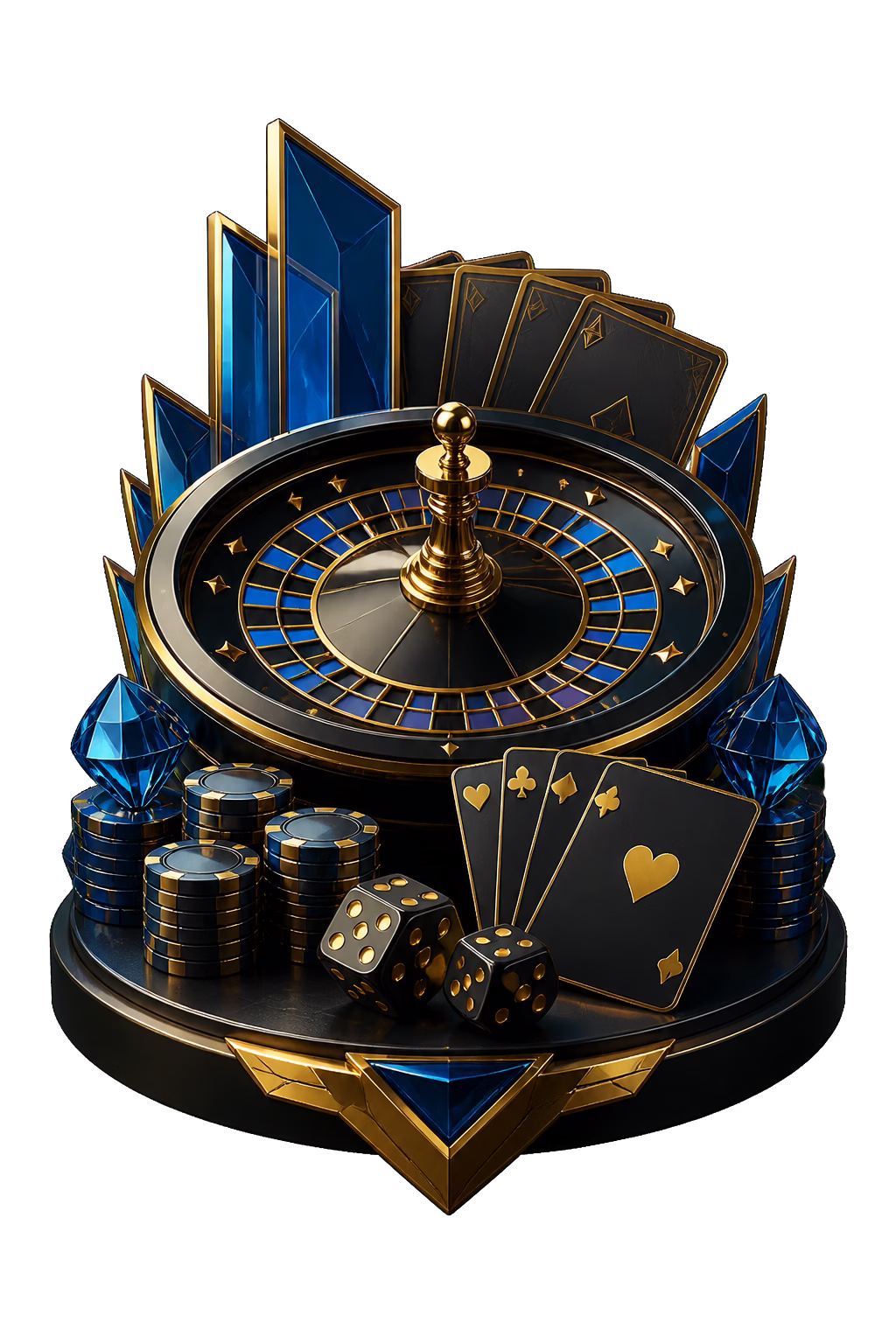 Black and gold roulette wheel, playing cards and dice