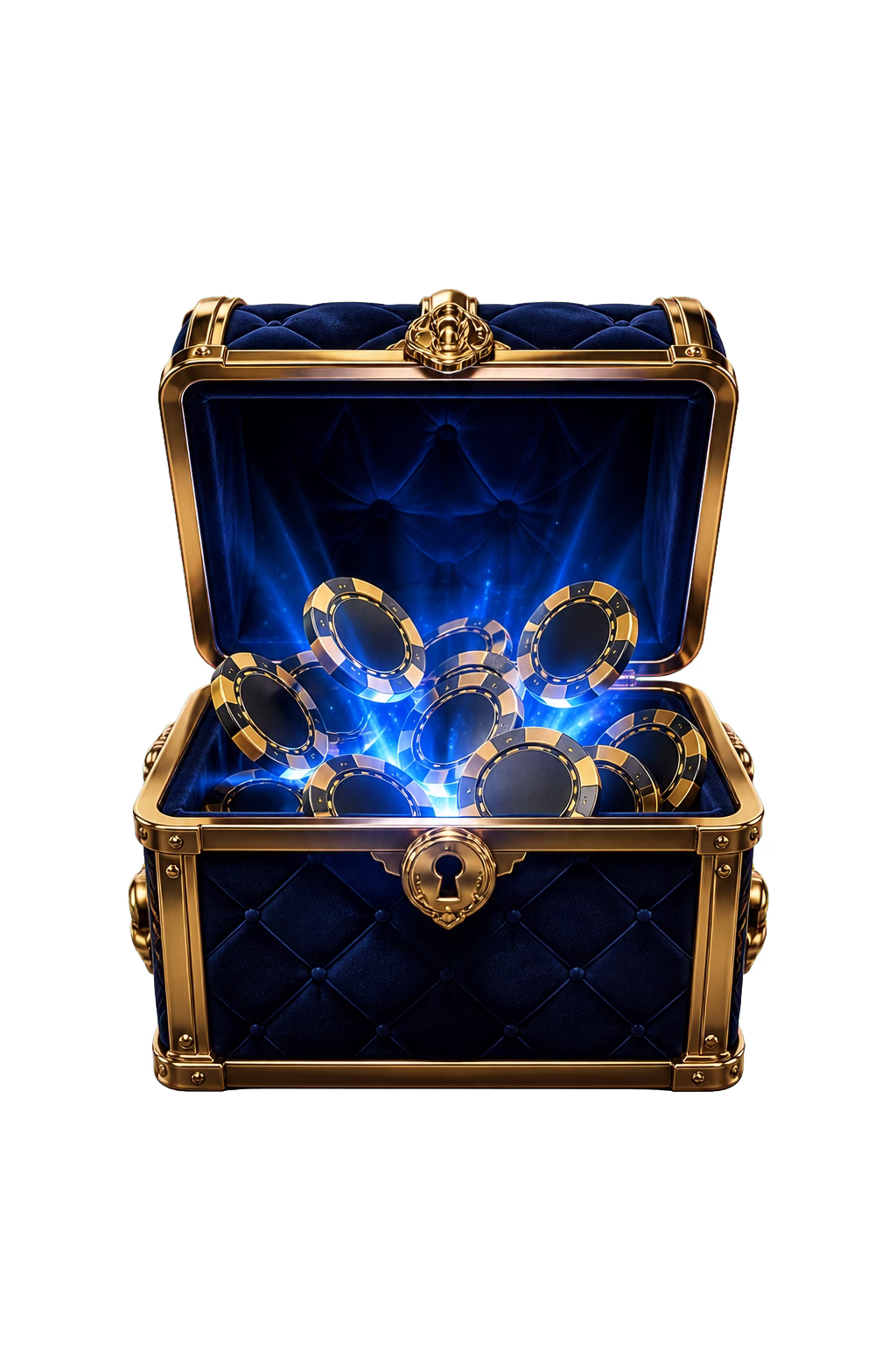 Black treasure chest with a casino chip and gold ribbon