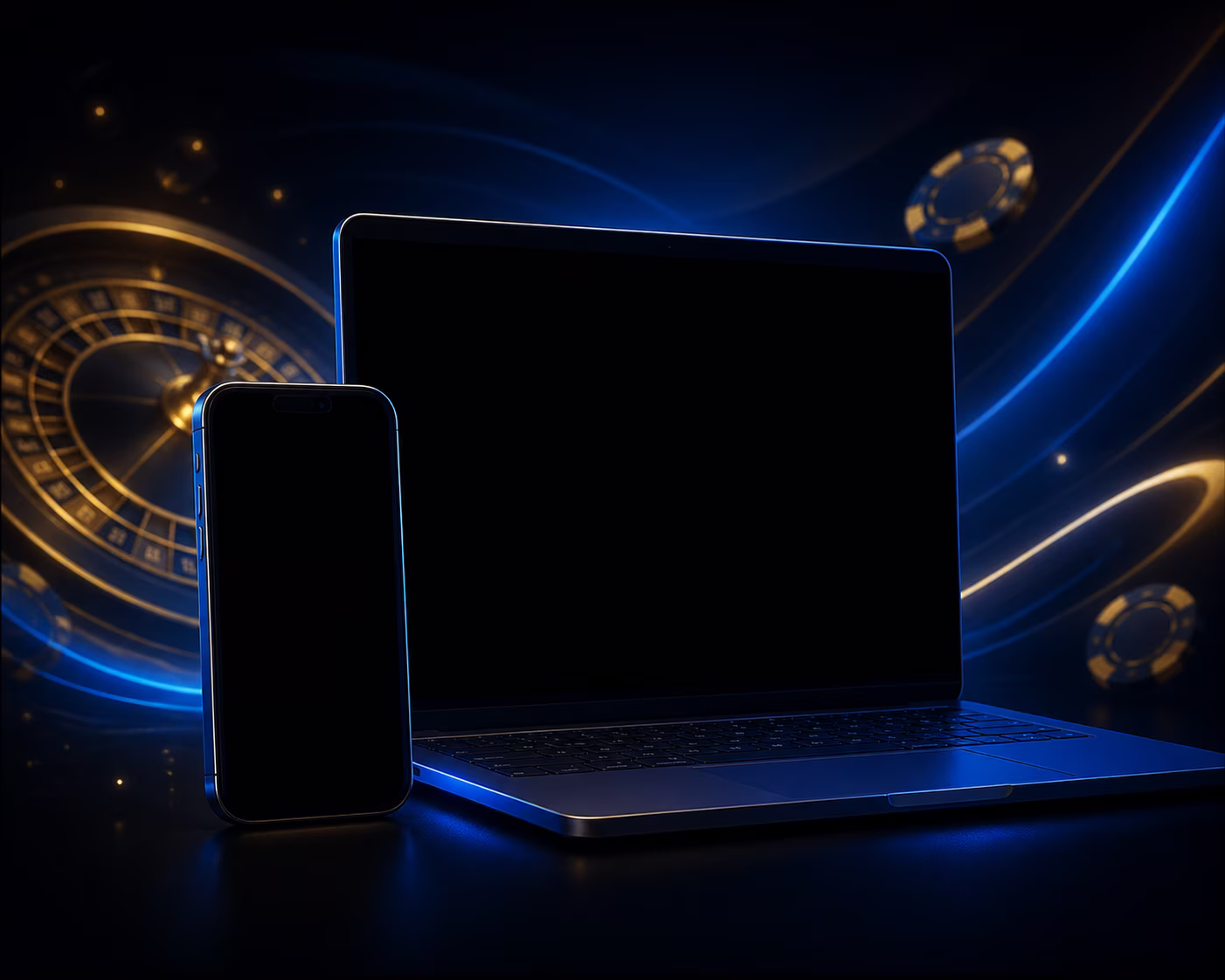Blue and gold mobile devices for checking casino access.