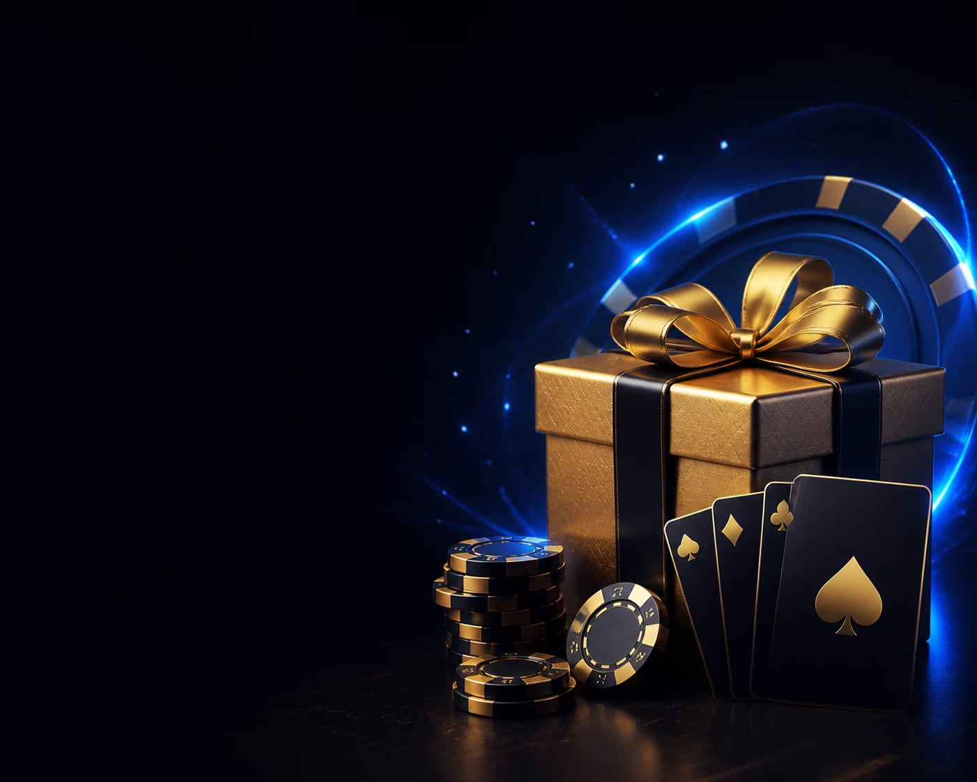 Gold gift box and casino chips for reviewing a bonus offer.