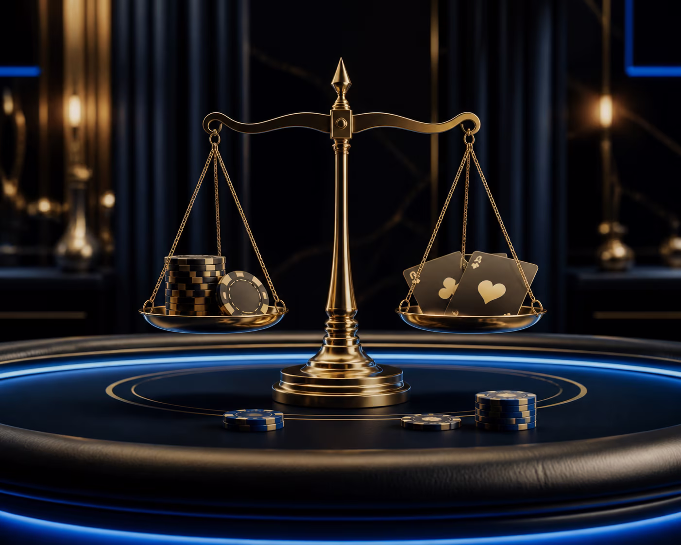 Gold balance scale and cards for checking bonus conditions.