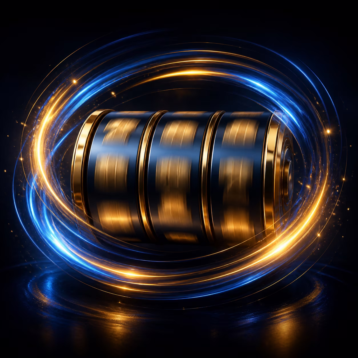Abstract slot reels with blue and gold light for free-spin checks.